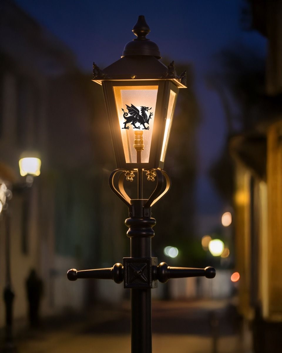 Custom Welsh Dragon Design Victorian Garden Lamp Post Positioned in a Town