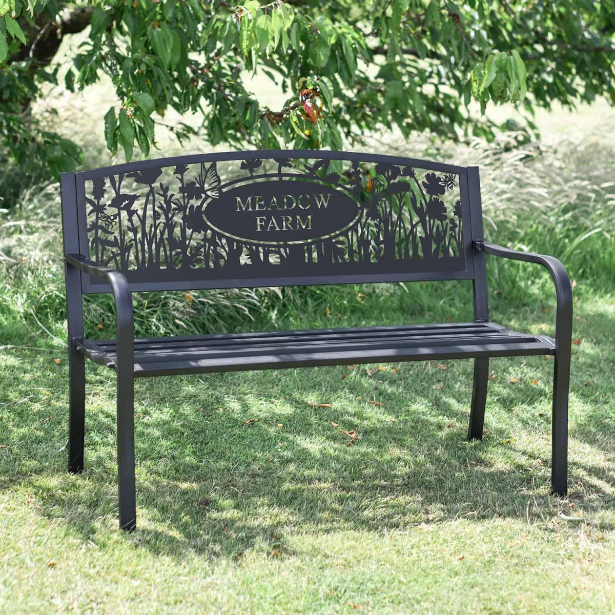 Meadow Iron & Steel Park Bench with Personalised Text Option in Situ