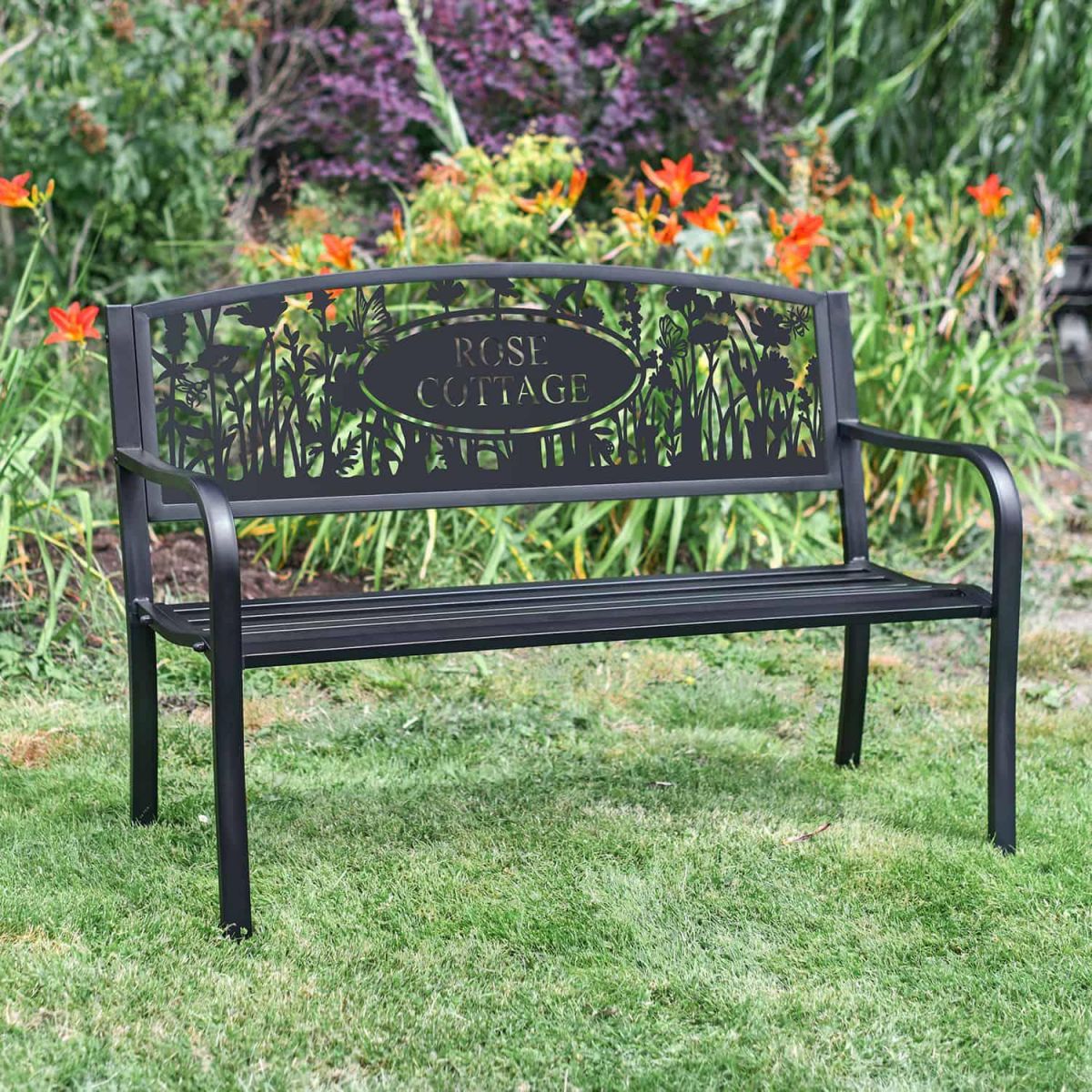 Cutomised Meadow Iron & Steel Park Bench in Situ
