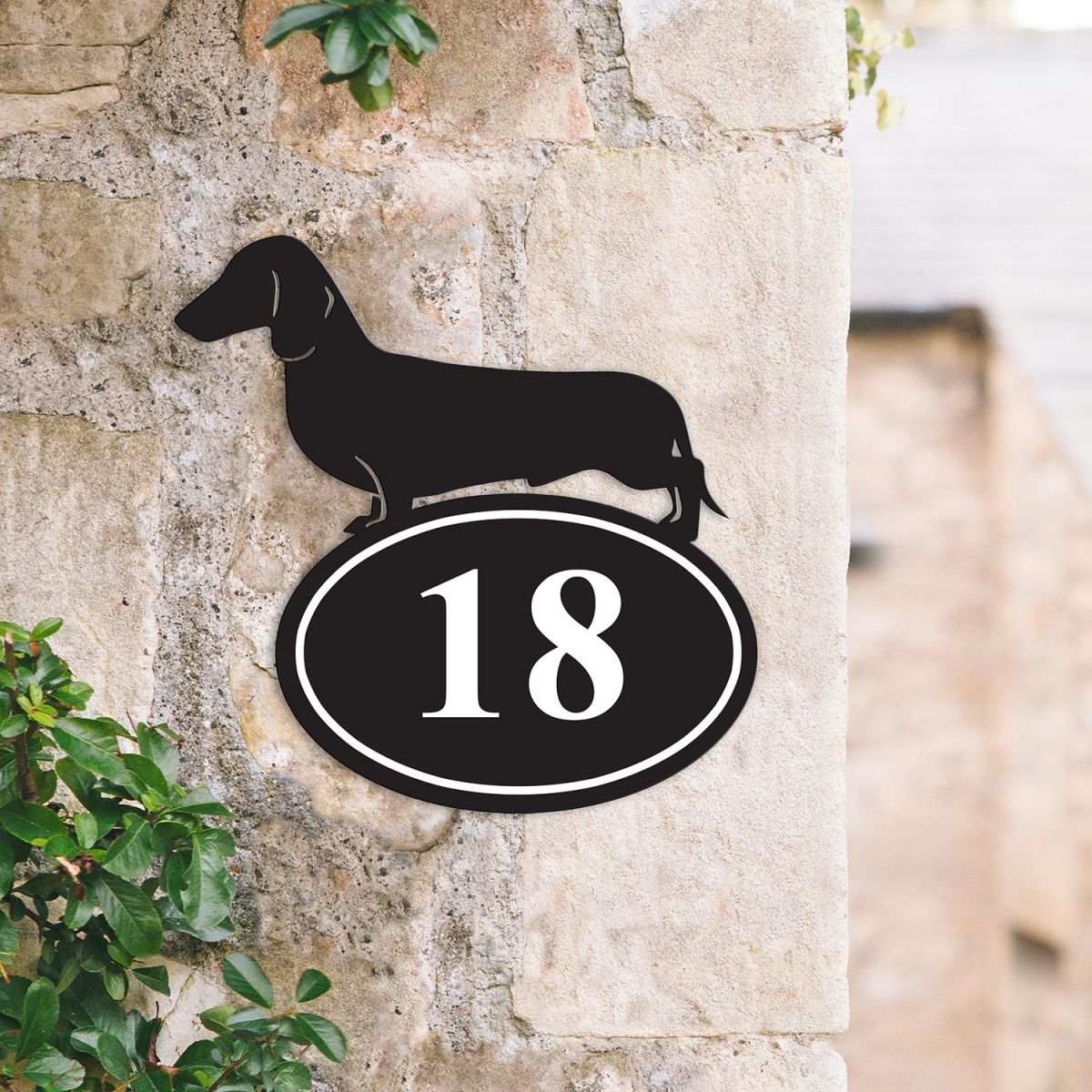 Bespoke Dachshund Iron House Number Sign in Situ