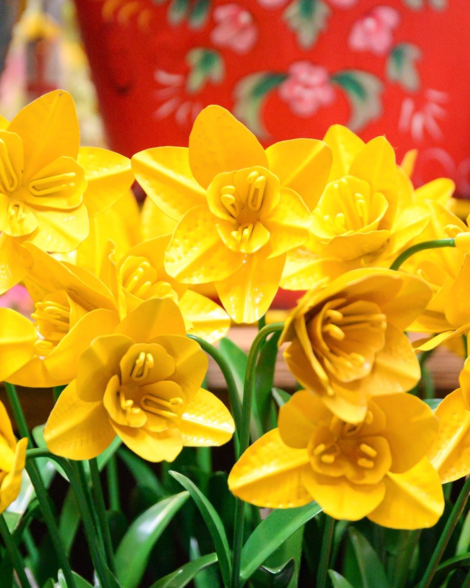 Metal Daffodil Sculpture Lawn Spikes close up of flower heads