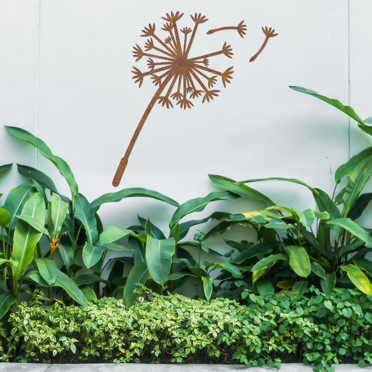 Dandelion Wall Art in Situ Above Bushes in the Garden  Dandelion Wall Art in Situ Above Bushes in the Garden