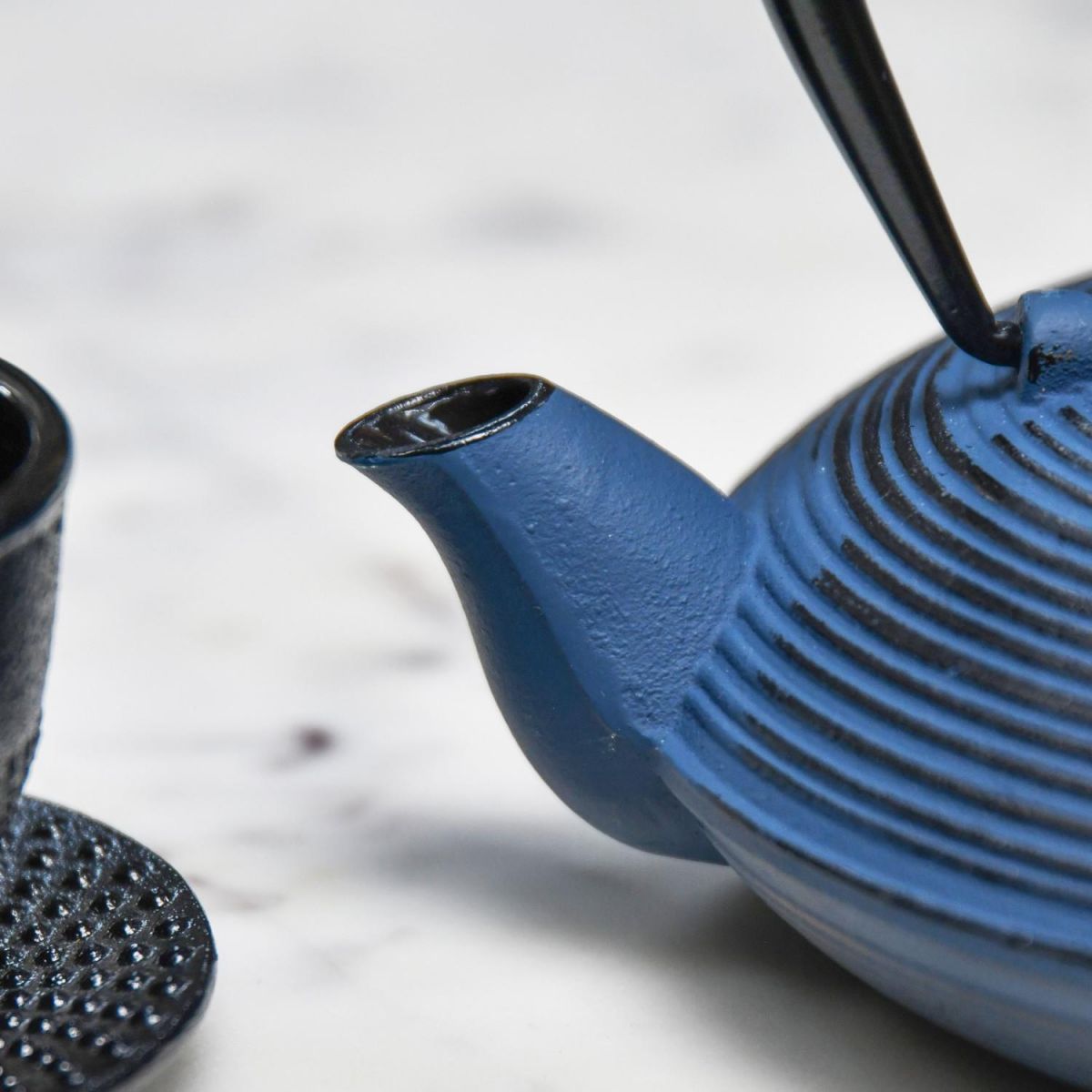 Close-Up of Spout on Dark Blue "Dragonfly" Cast Iron Teapot Close-Up of Spout on Dark Blue "Dragonfly" Cast Iron Teapot