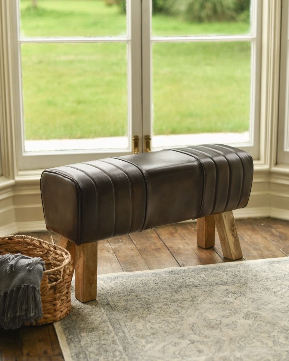 Brown Leather and Mango Wood Long Stool Brown Leather and Mango Wood Long Stool