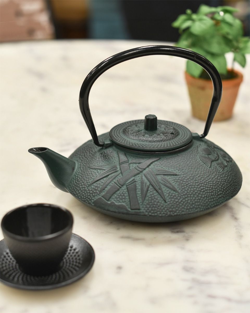 Dark Green Cast Iron Teapot With Handle Up Dark Green Cast Iron Teapot With Handle Up