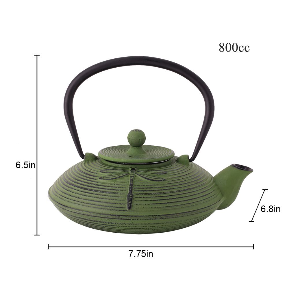 Dark Green "Dragonfly" Cast Iron Japanese Teapot Dimensions 