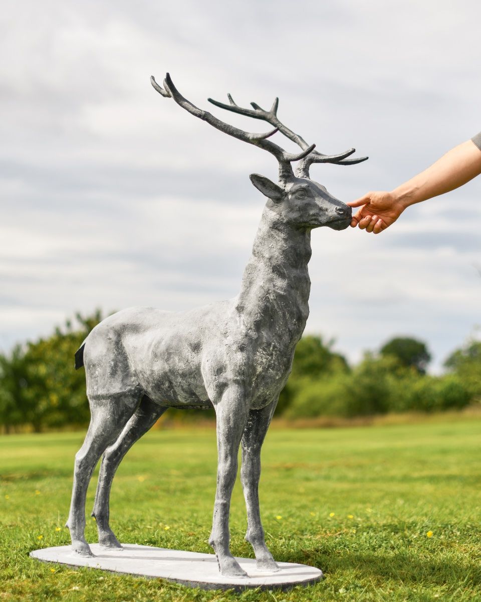 "Zekin" Lead Finished Cast Iron Stag Sculpture - Facing Forward Size "Zekin" Lead Finished Cast Iron Stag Sculpture - Facing Forward Size