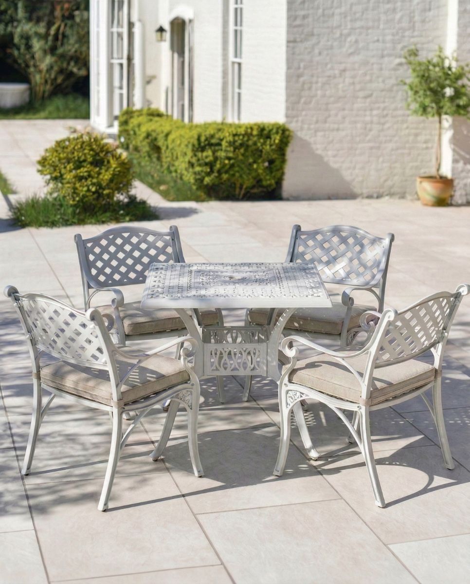 Deluxe "Blanche" Outdoor Dining Set in Situ on an Outdoor Garden Patio with cushions