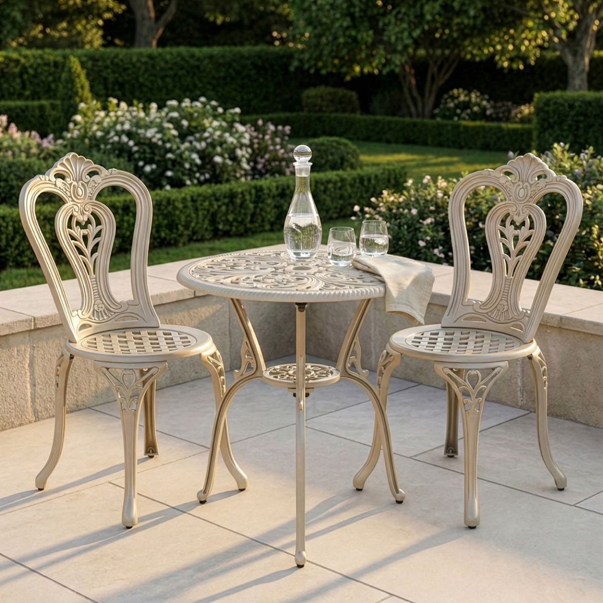 Deluxe "Rosenbloom" Two Seater Garden Table & Chair Set in Champagne digital illustration dressed table
