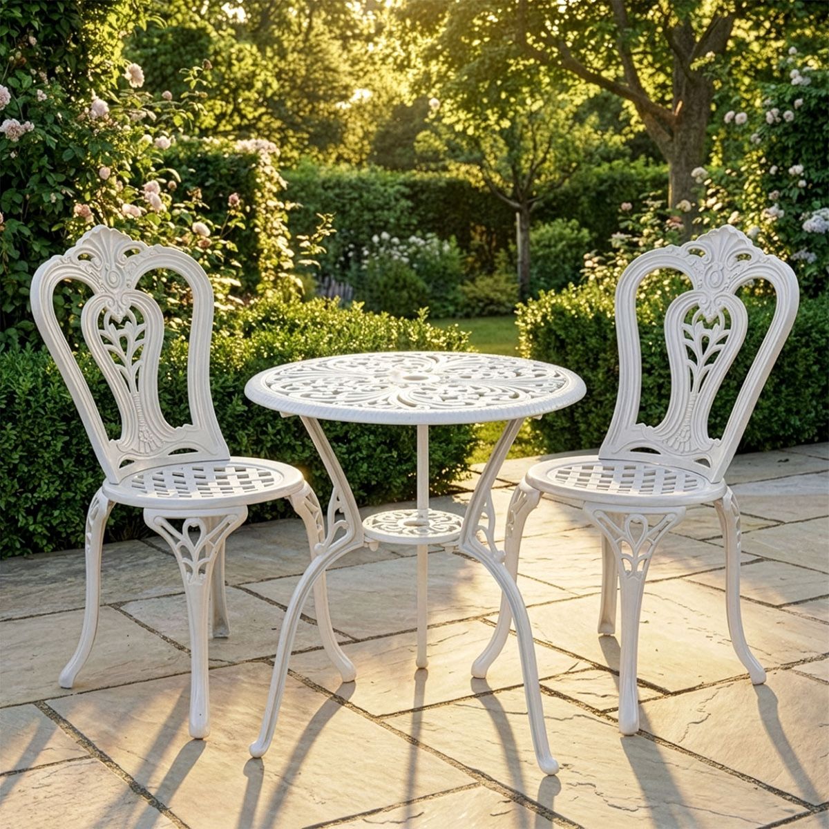 Deluxe "Rosenbloom" Two Seater Garden Table & Chair Set in Off-White digital illustration