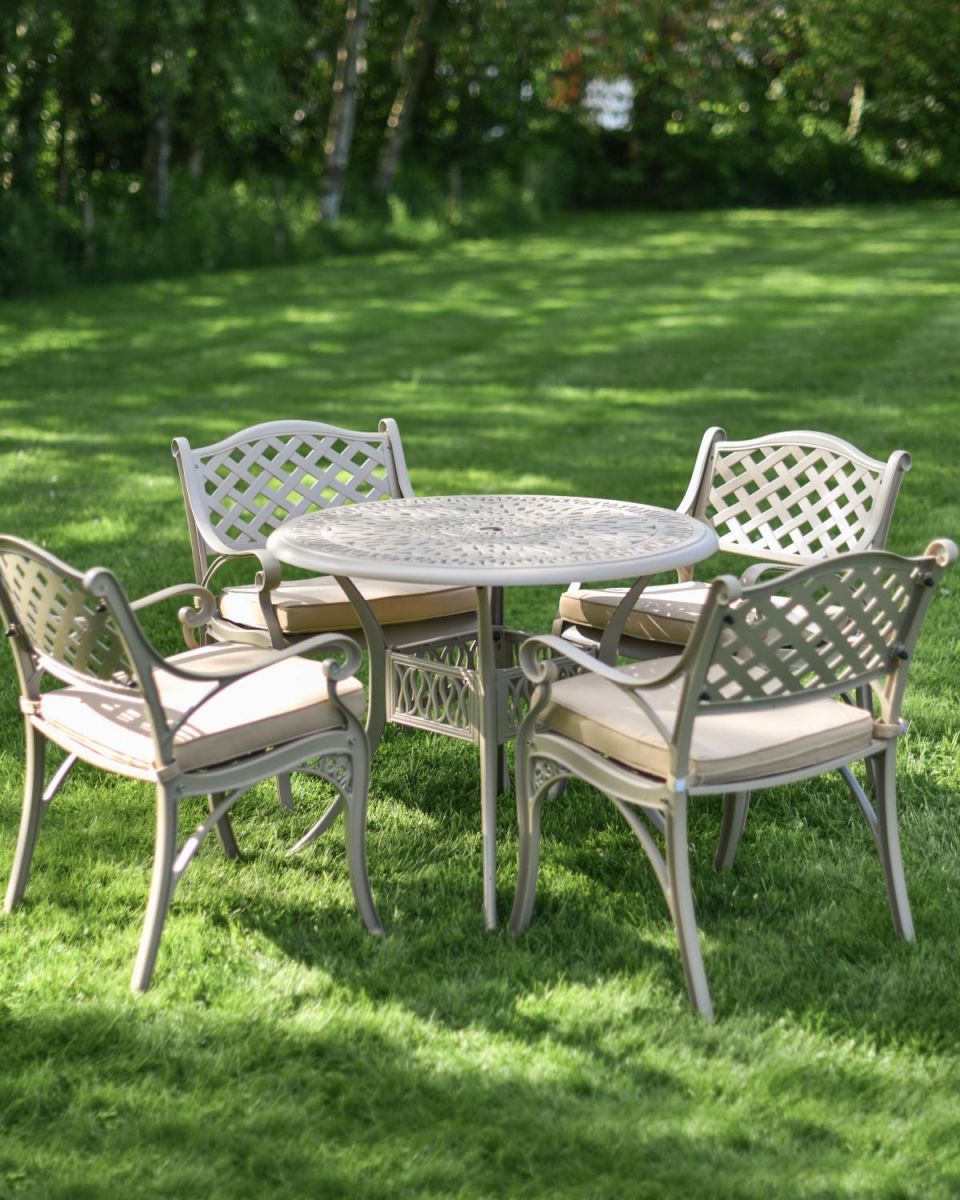 Deluxe “Aether” Outdoor Four Seater Garden Table & Chair Set in Smooth Champagne with Cushions