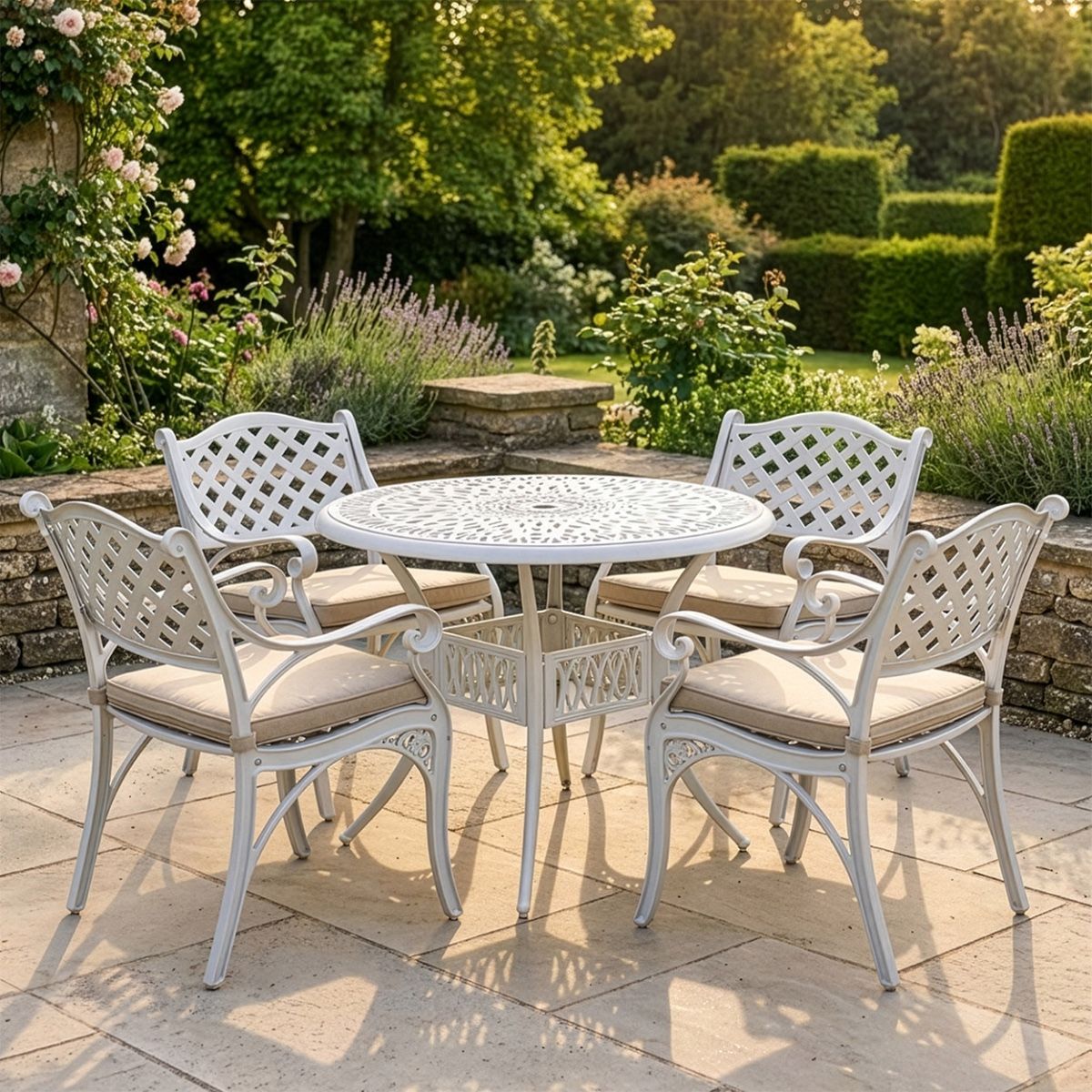 Deluxe “Aether” Outdoor Four Seater Garden Table & Chair Set in White digital illustration