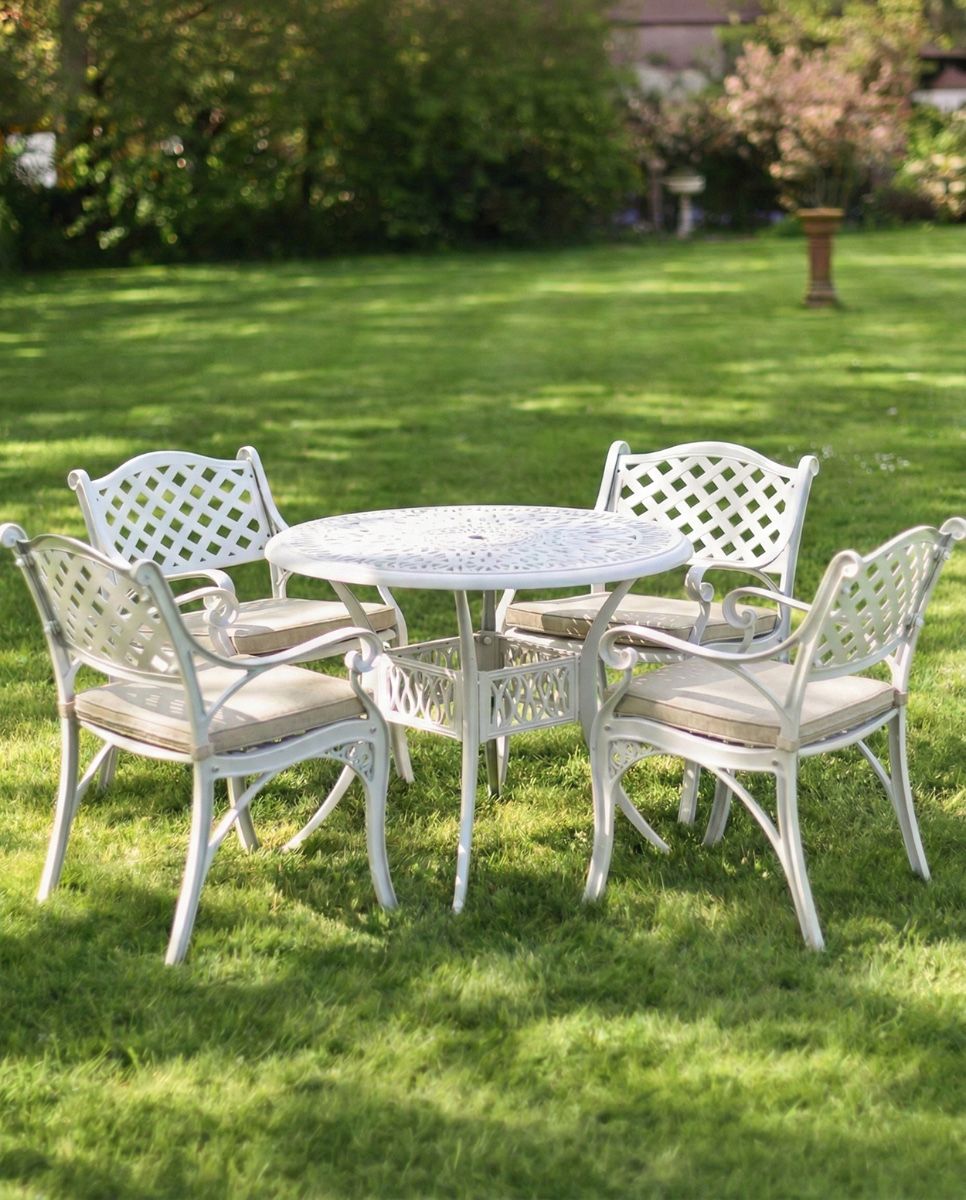 Deluxe “Aether” Outdoor Four Seater Garden Table & Chair Set in White with Cushions