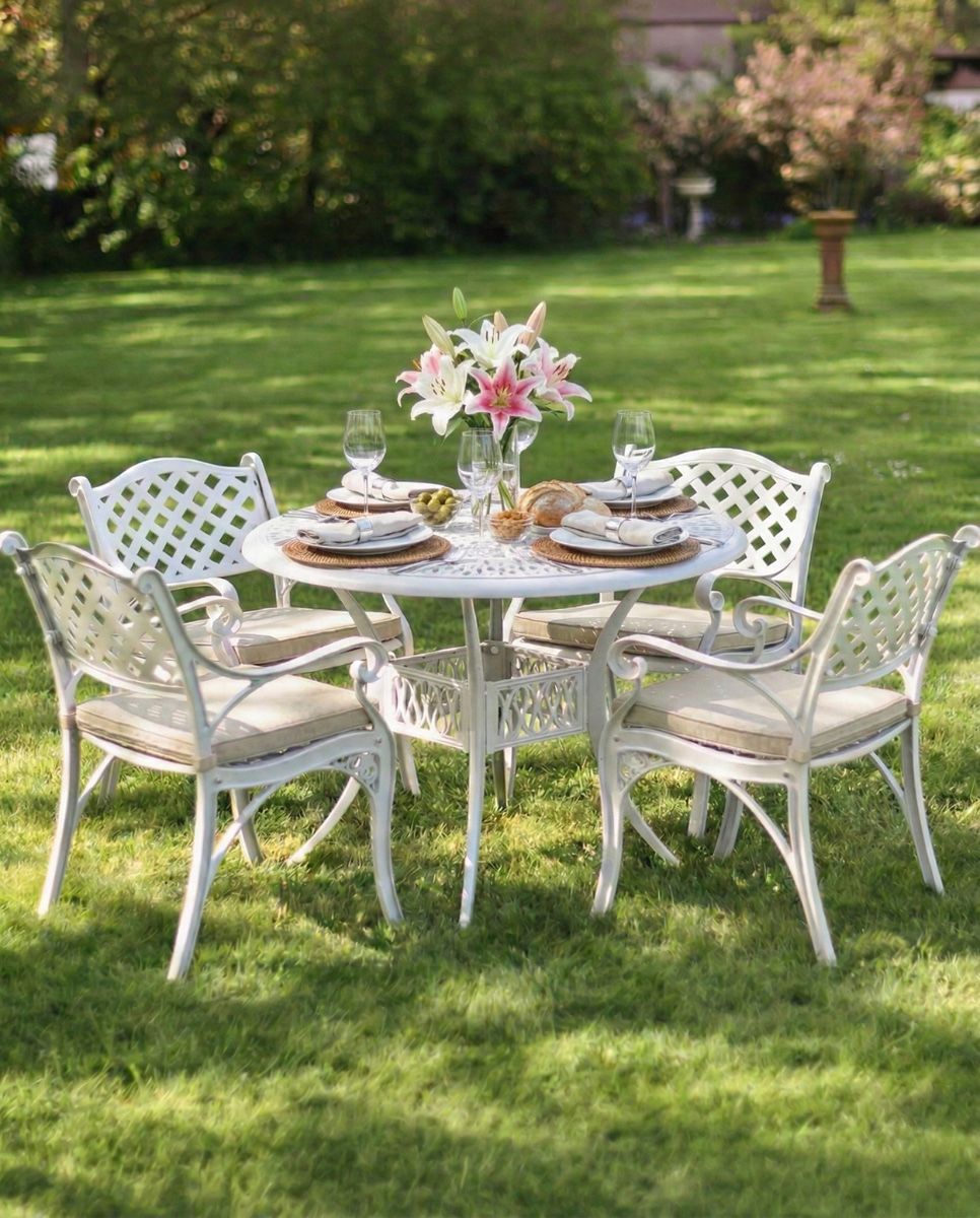 Deluxe “Aether” Outdoor Four Seater Garden Table & Chair Set in White with Cushions dressed table