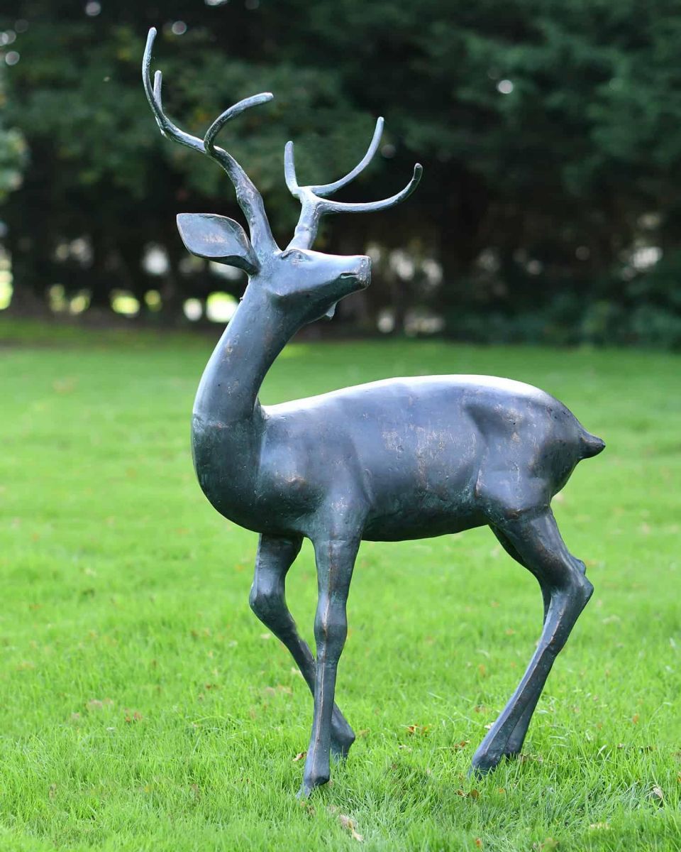 Deluxe Aged Verdigris "Tribute" Buck Garden Sculpture - Looking Left in Situ