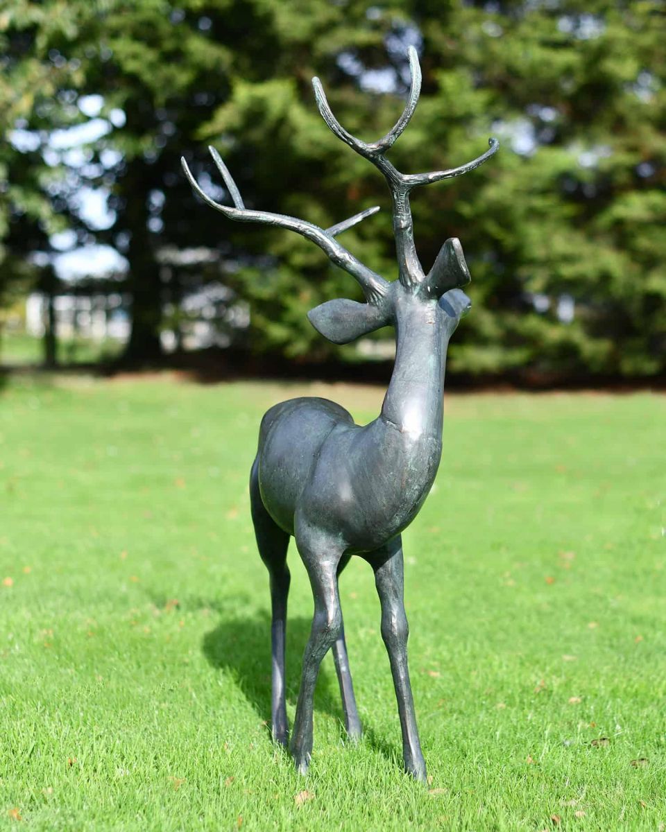 Rear View of Deluxe Aged Verdigris "Tribute" Buck Garden Sculpture - Looking Left