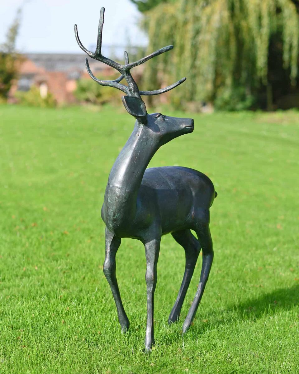 Side View of Deluxe Aged Verdigris "Tribute" Buck Garden Sculpture - Looking Left