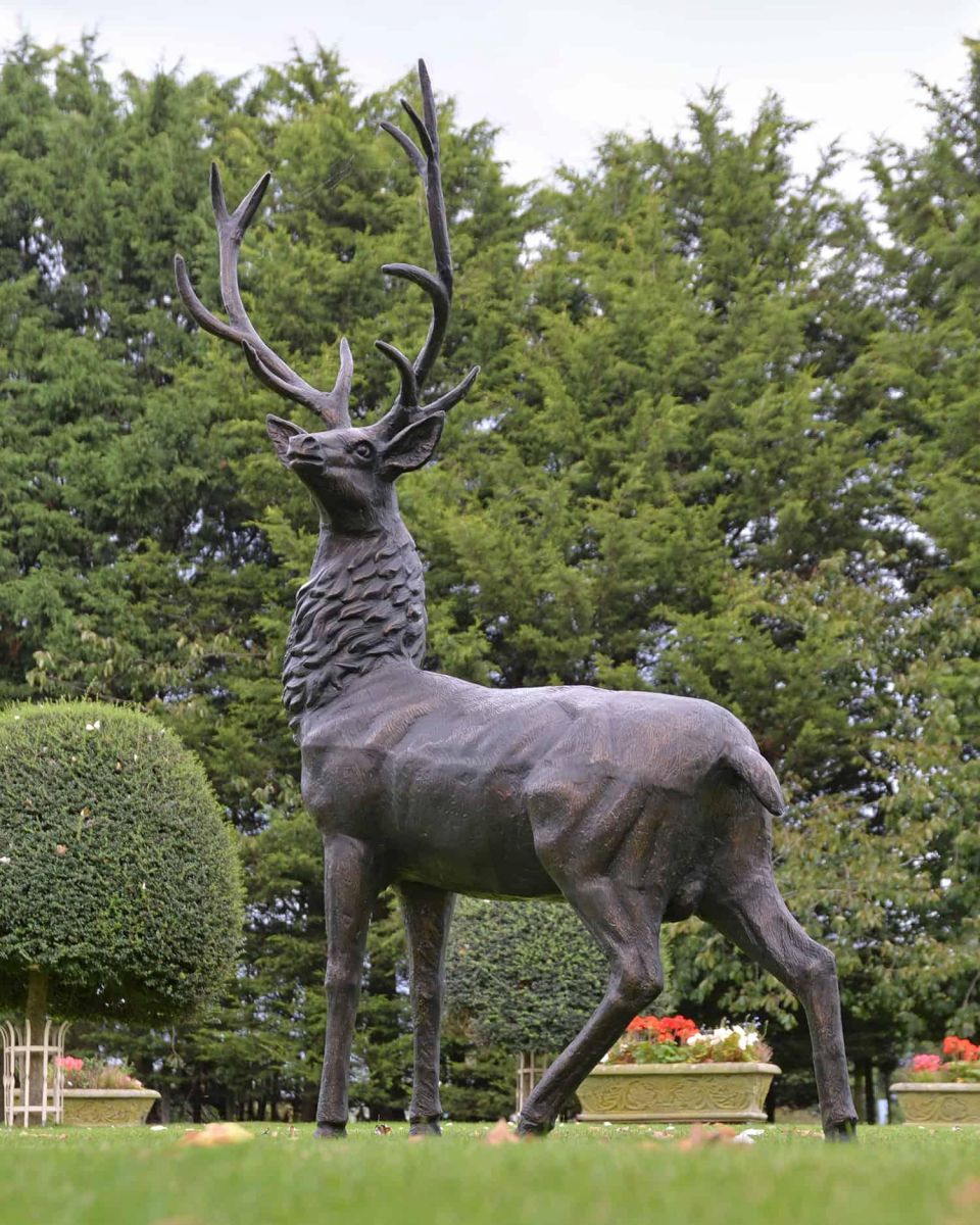 Deluxe Antique Bronze "Goliath" Stag Garden Sculpture - Looking Left in Situ