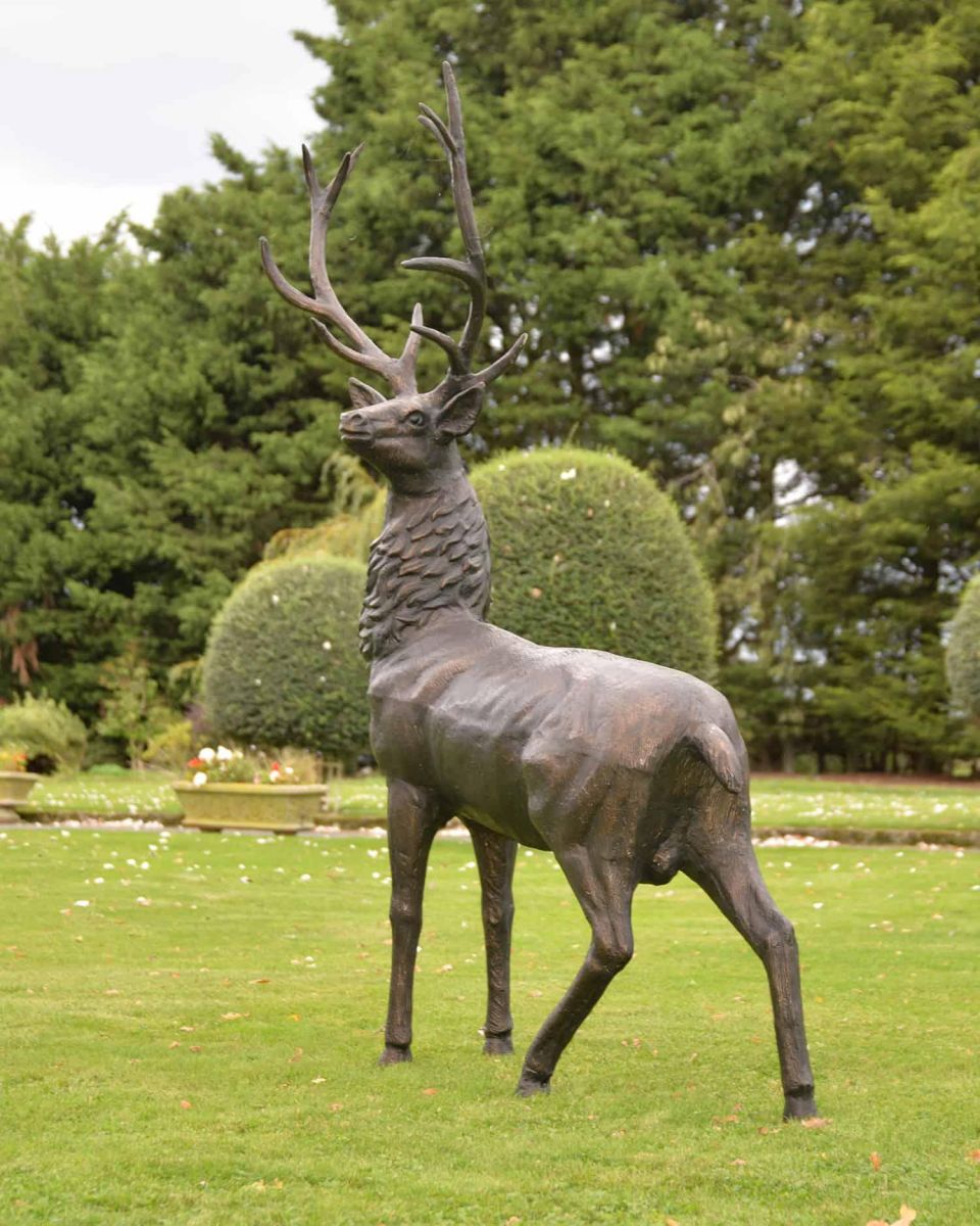 Situ Shot of Deluxe Antique Bronze "Goliath" Stag Garden Sculpture - Looking Left