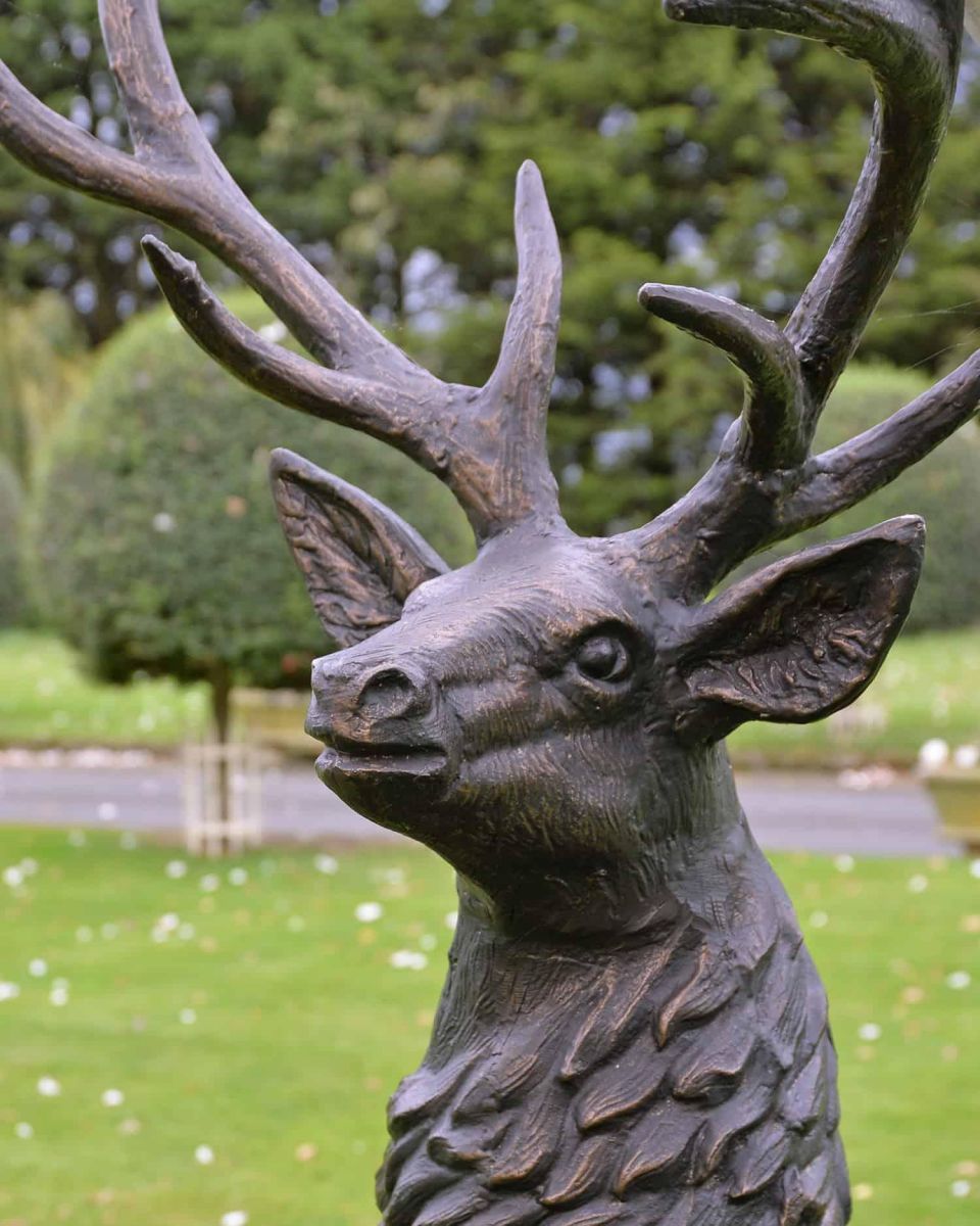 Close-Up of Deluxe Antique Bronze "Goliath" Stag Garden Sculpture - Looking Left