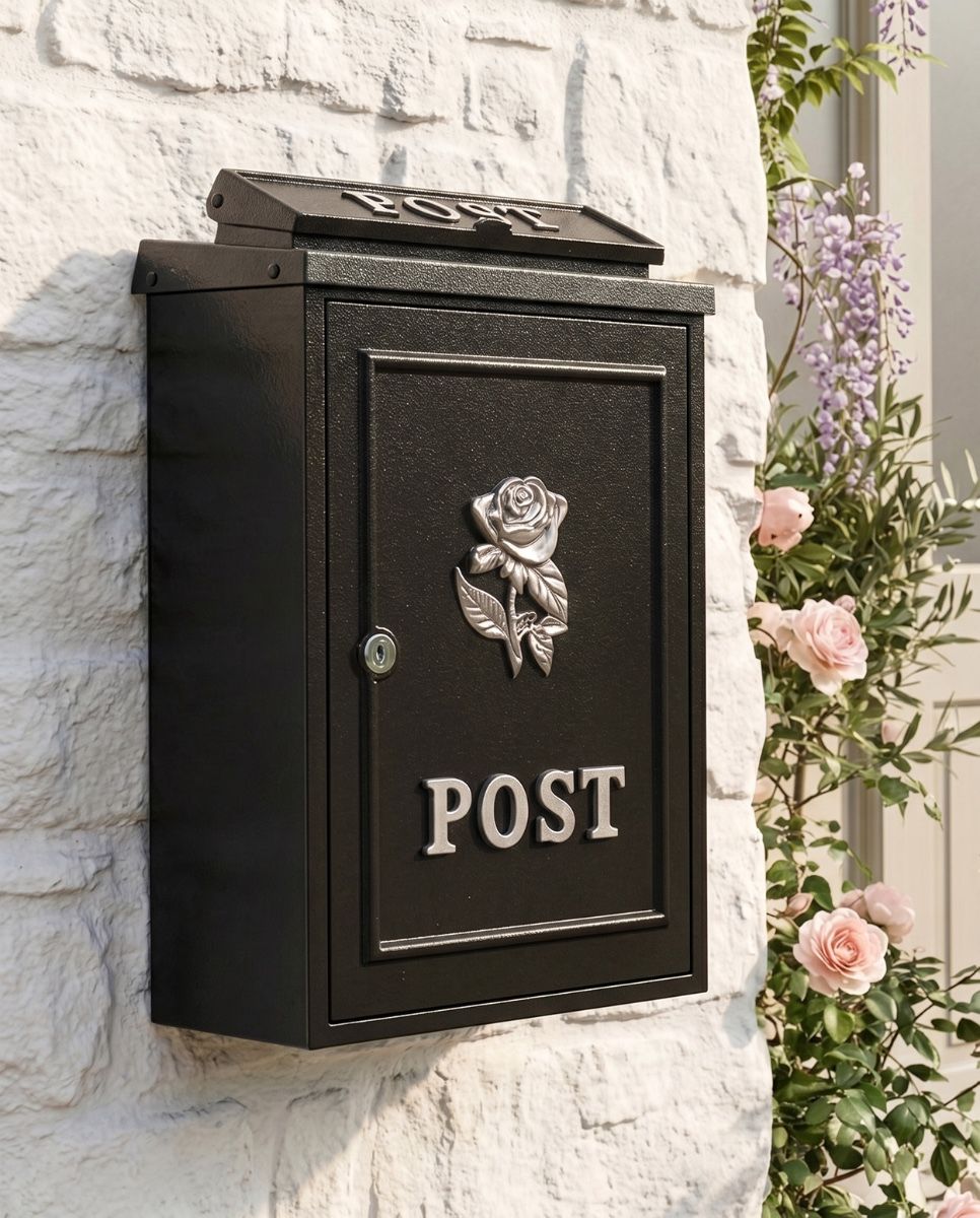 Deluxe Bright Chrome "Tudor Rose” Wall Mounted Post Box digital illustration