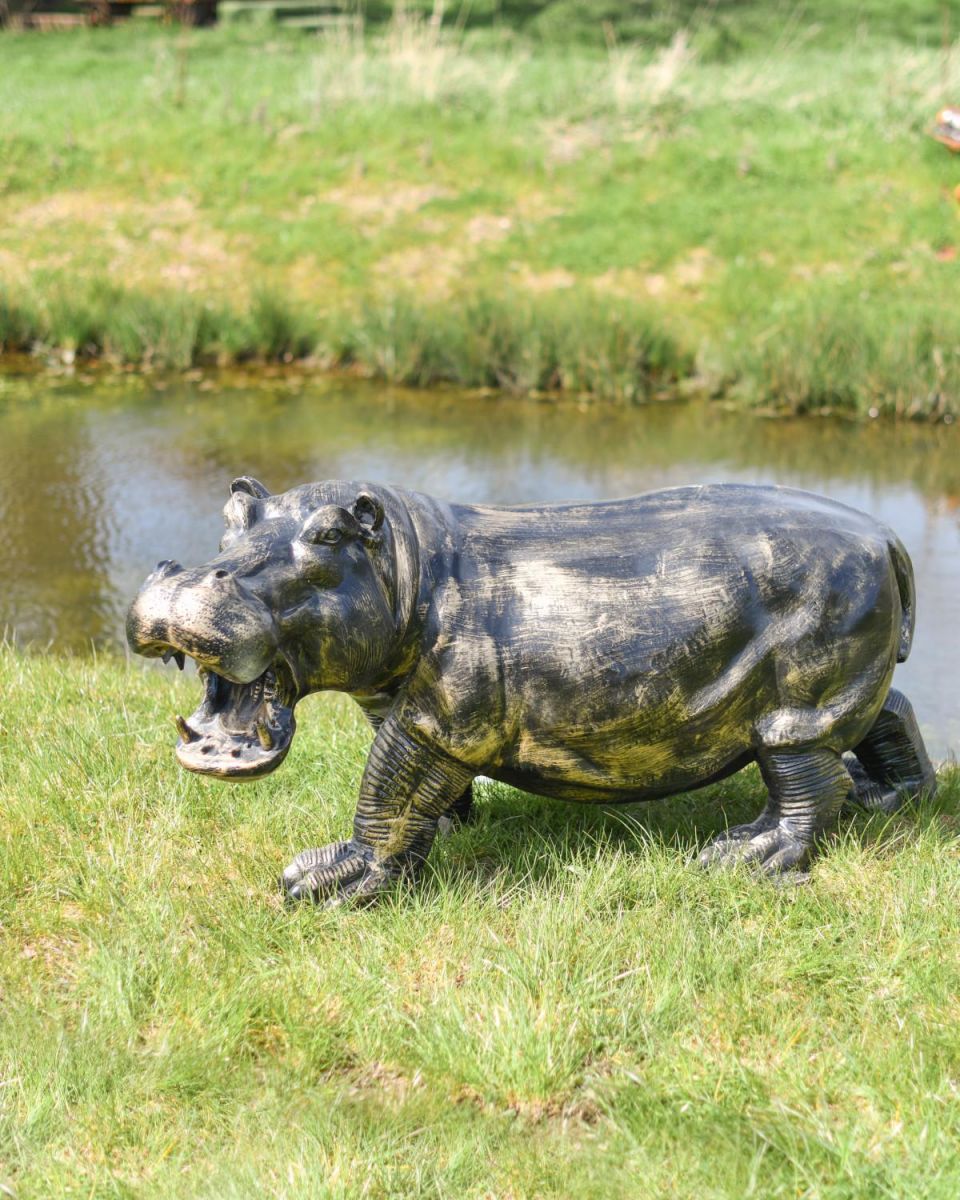 Side View of Deluxe Cast Aluminium Freestanding Wild Hippo Garden Sculpture in Antique Gold