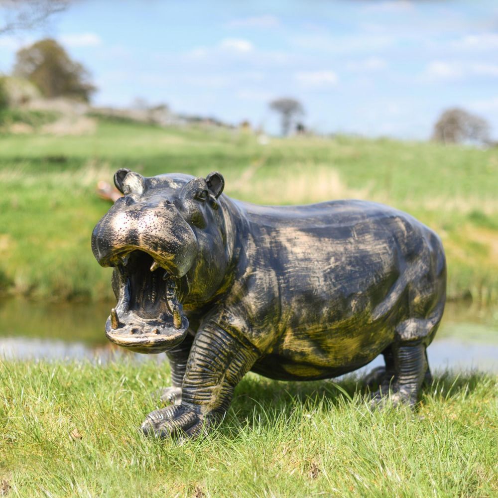 Deluxe Cast Aluminium Freestanding Wild Hippo Garden Sculpture in Antique Gold