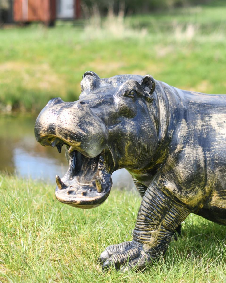 Close-Up of Deluxe Cast Aluminium Freestanding Wild Hippo Garden Sculpture in Antique Gold
