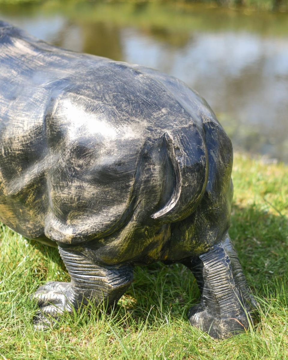 Rear Shot of Deluxe Cast Aluminium Freestanding Wild Hippo Garden Sculpture in Antique Gold
