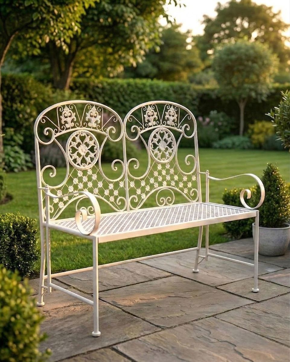 Deluxe "Celine" Ornate Two Seater Garden Bench in Antique White ai illustration