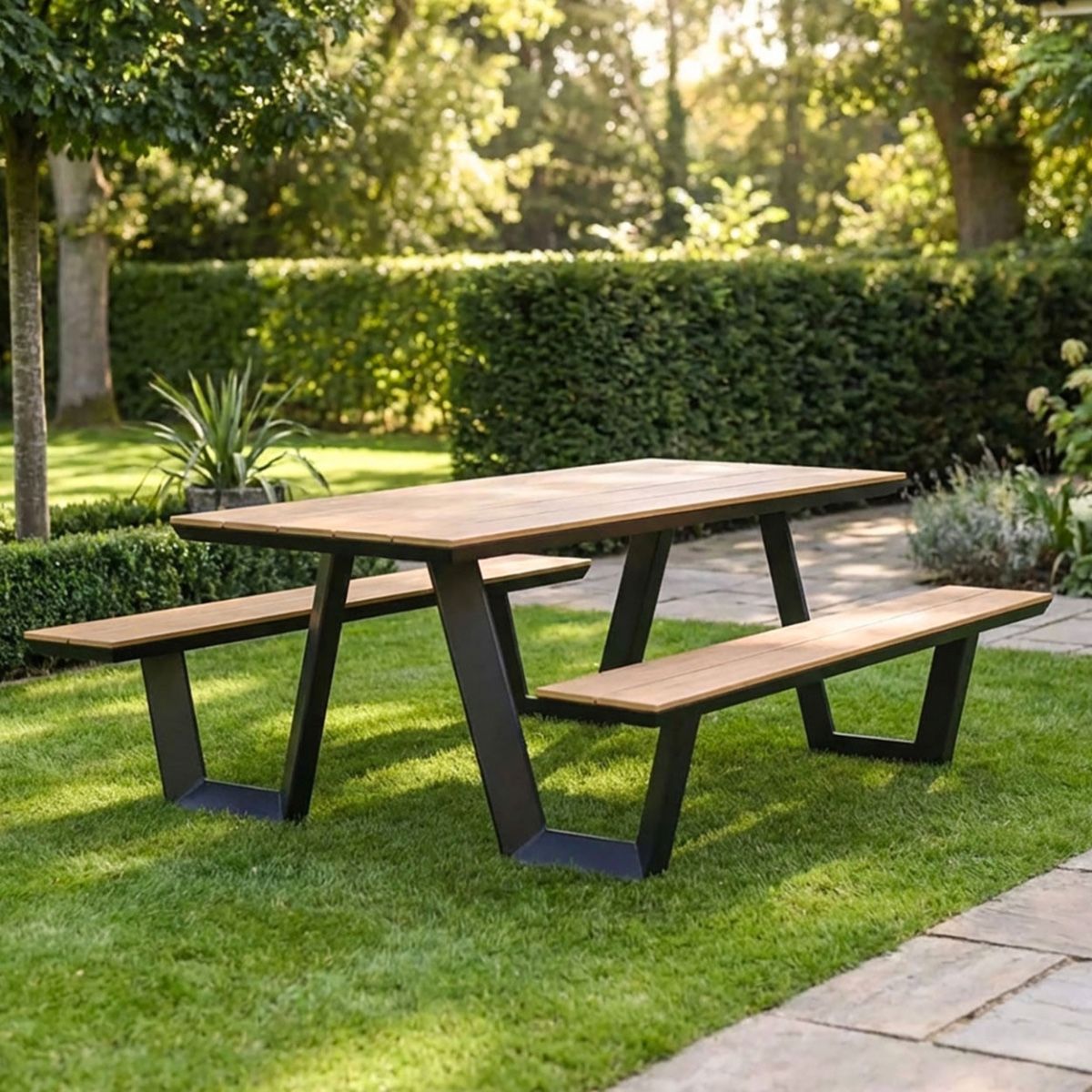 Deluxe Contemporary "Westfield" Four Seater Park Bench Digital Illustration In A Modern Garden