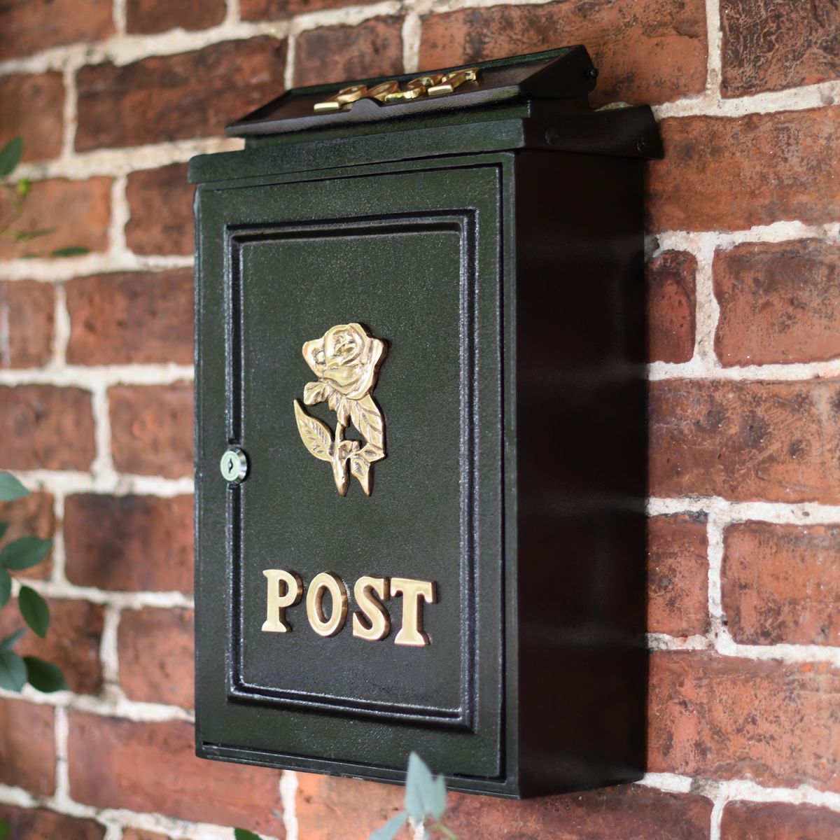 Deluxe Polished Brass “Tudor Rose” Wall Mounted Post Box in Situ on a Brick Wall