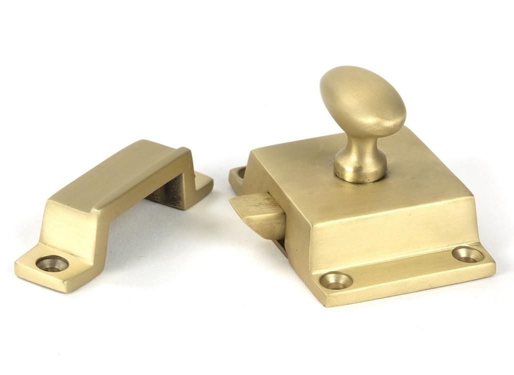 Close-Up of Deluxe Satin Brass Oval Cabinet Latch - 55mm x 41mm