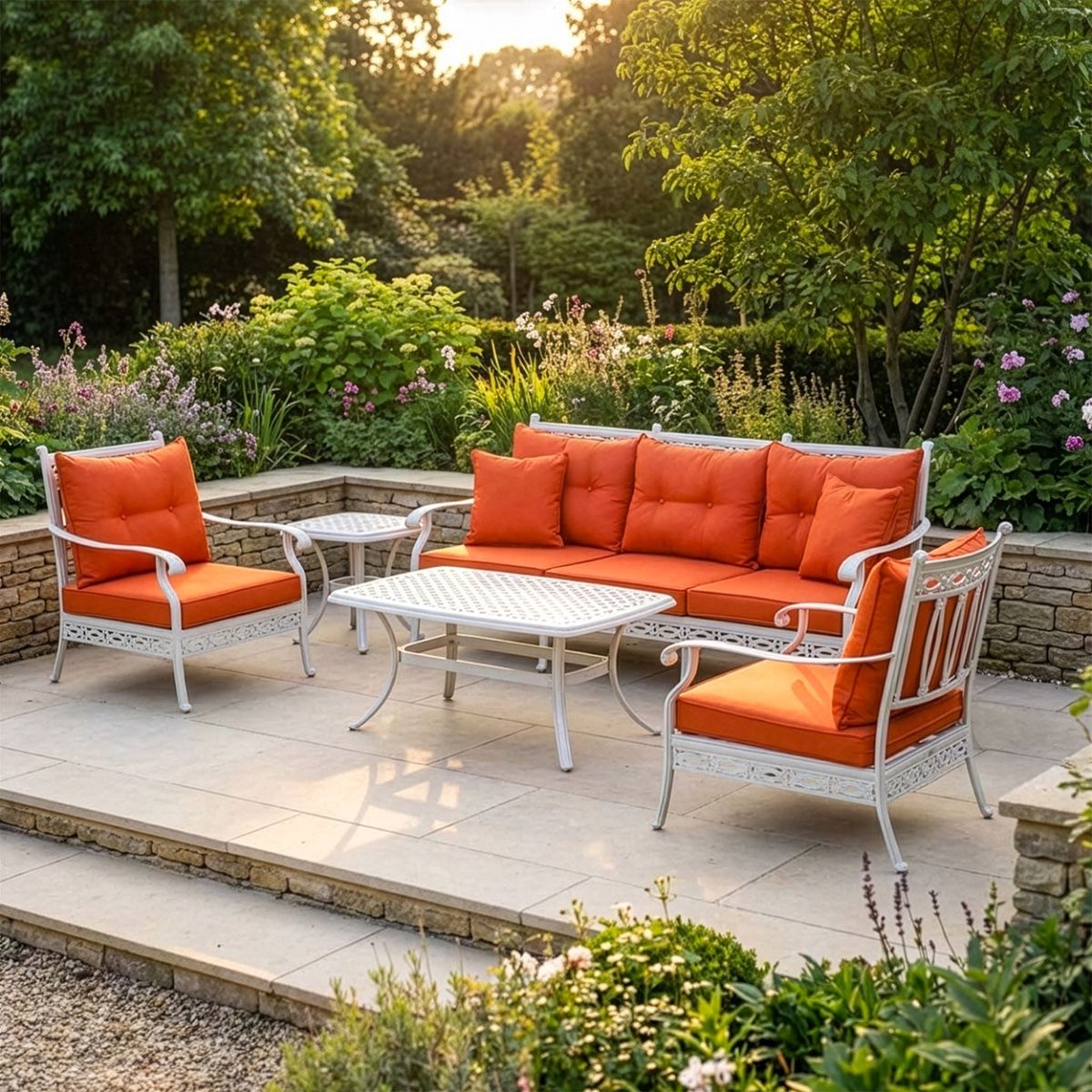 Deluxe White "Elmswood" Outdoor Five Seater Sofa, Table & Chair Set
