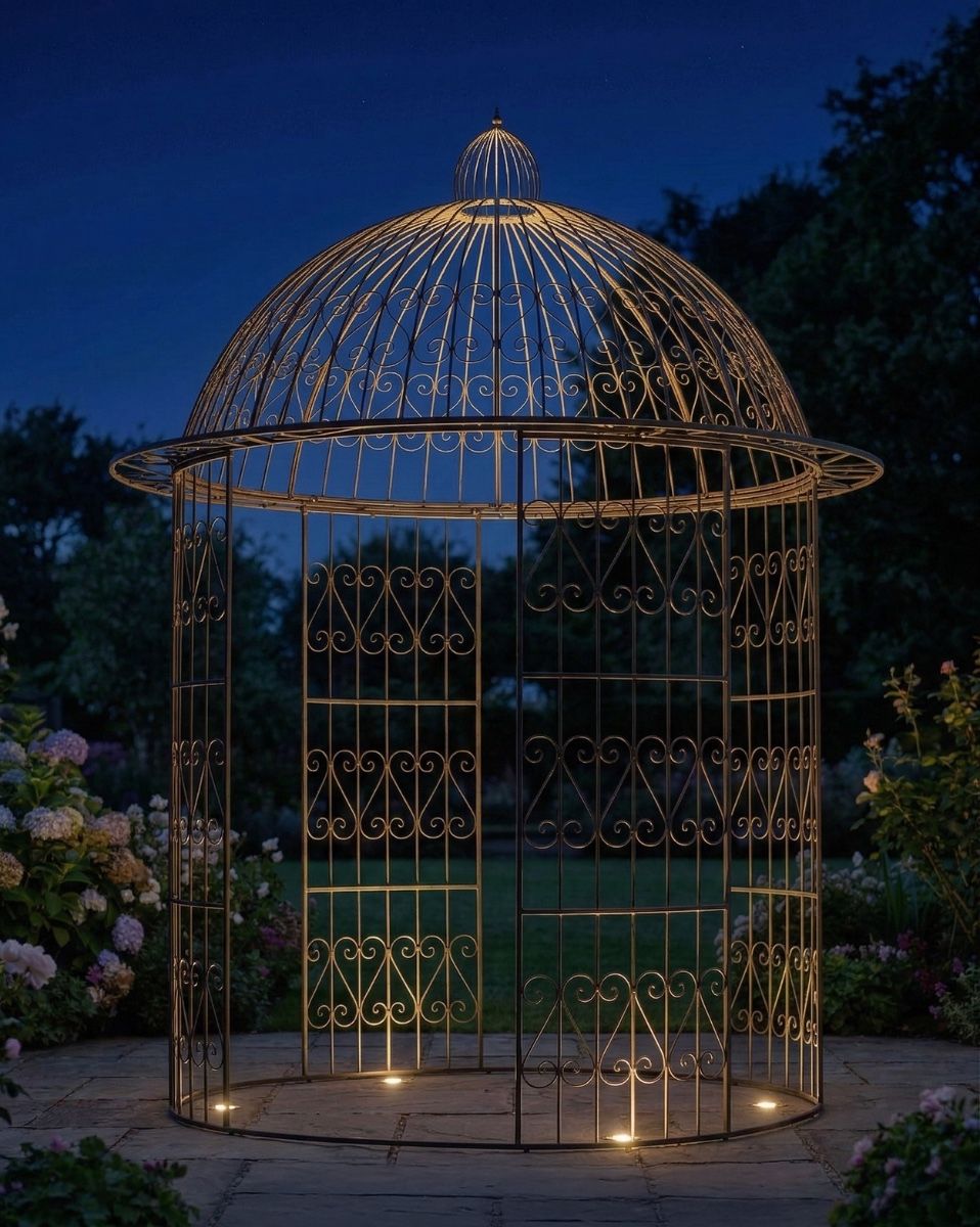Deluxe Wrought Iron "Alaina" Black Powder Coated Gazebo at night