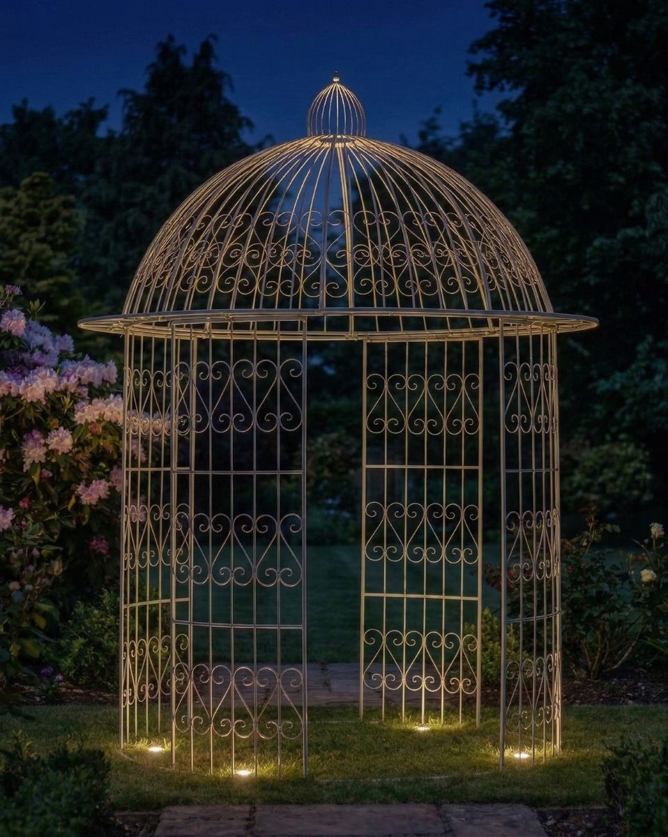Deluxe Wrought Iron "Alaina" Champagne Powder Coated Gazebo ai illustration at night