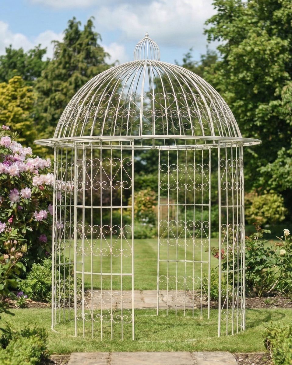 Deluxe Wrought Iron "Alaina" Champagne Powder Coated Gazebo ai illustration in a lush garden