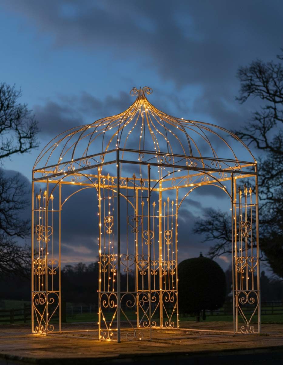 Digital representation of Deluxe Wrought Iron "Annabella" Cream Powder Coated Gazebo lit up with fairy lights at night