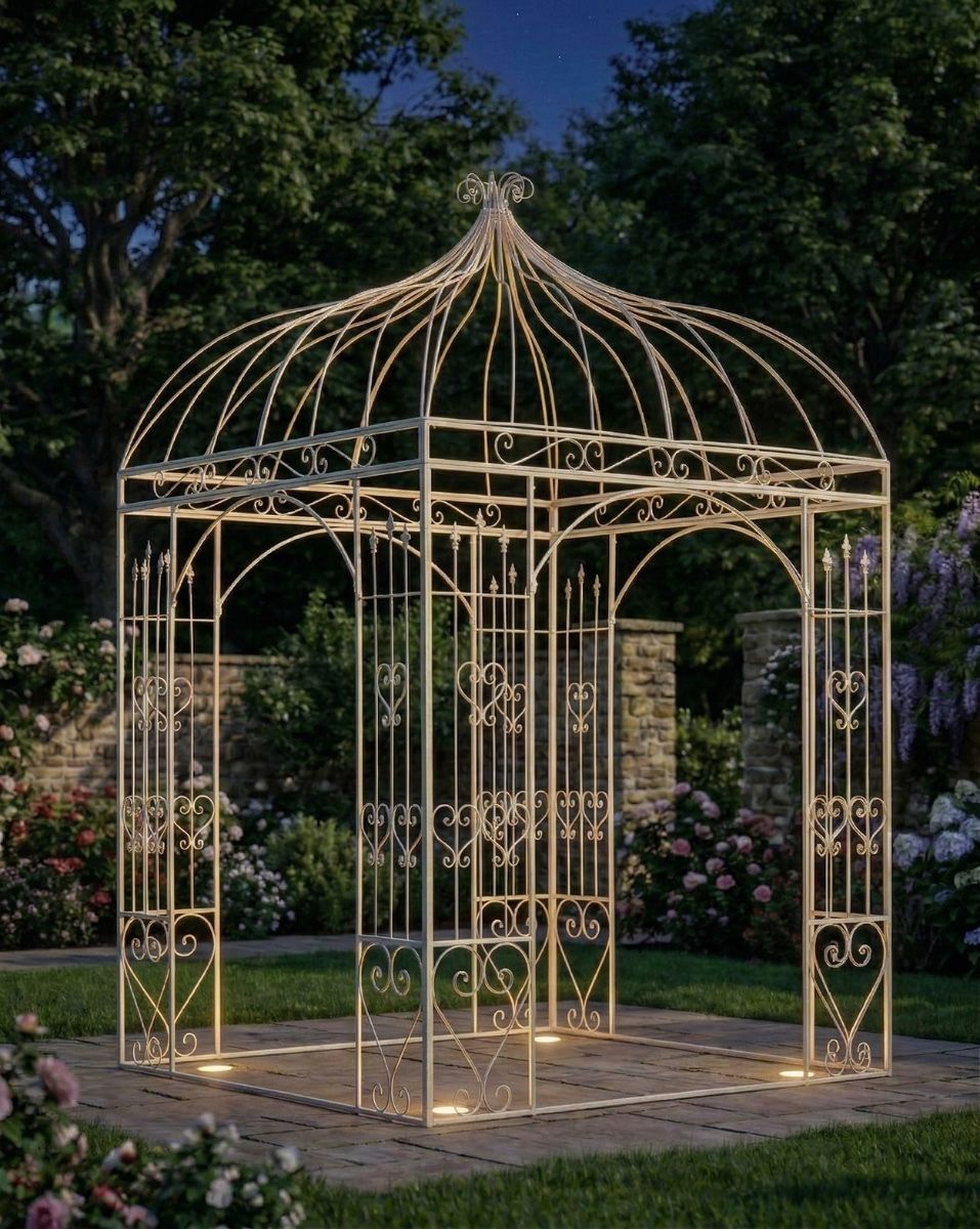 Deluxe Wrought Iron "Annabella" Cream Powder Coated Gazebo ai illustration in a lush garden at night with lights