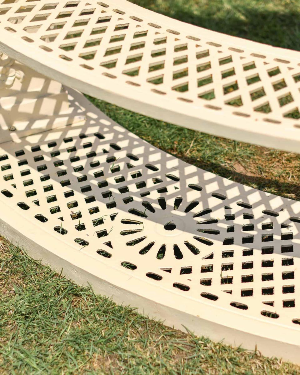 Close-Up of Seating on Deluxe Wrought Iron "Aurelia" French Cream Gazebo Close-Up of Seating on Deluxe Wrought Iron "Aurelia" French Cream Gazebo