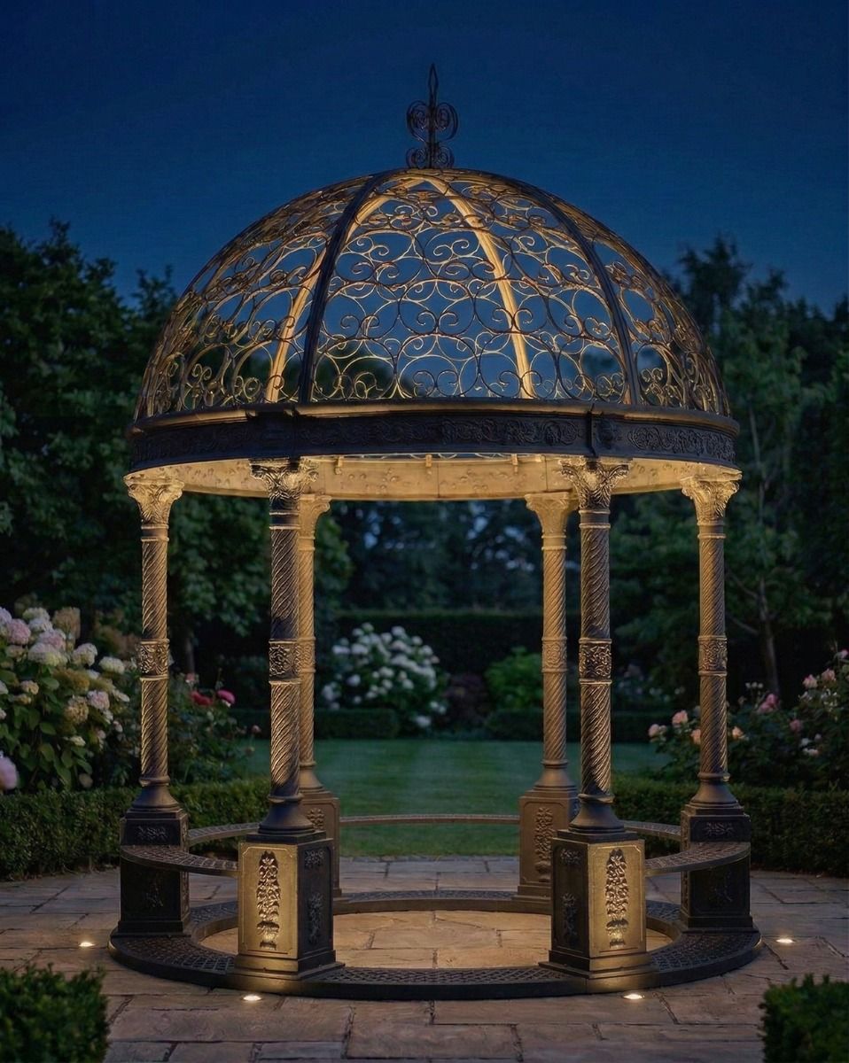 Digital Illustration of the Deluxe Wrought Iron "Aurelia" Black Powder Coated Gazebo In Situ Illuminated at Night