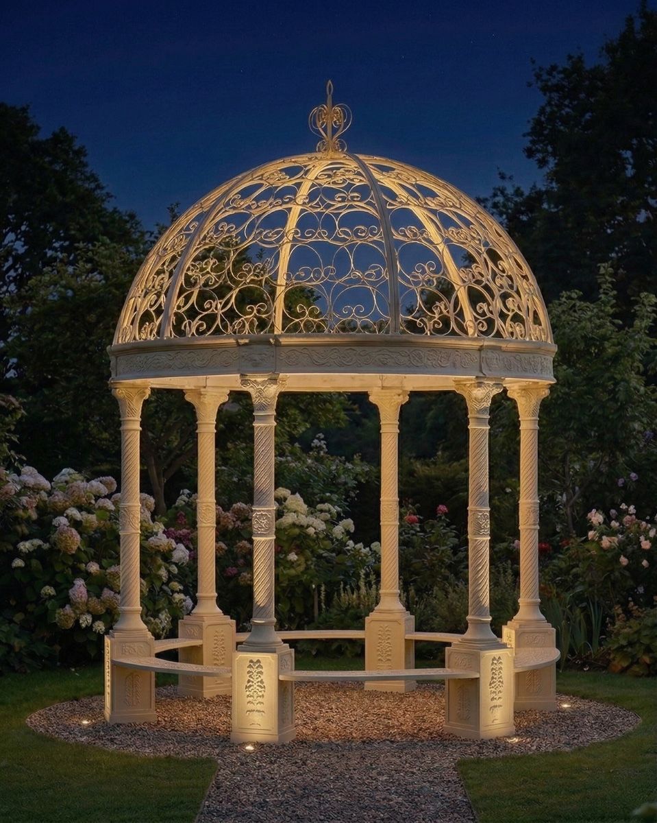 Deluxe Wrought Iron "Aurelia" French Cream Gazebo at night