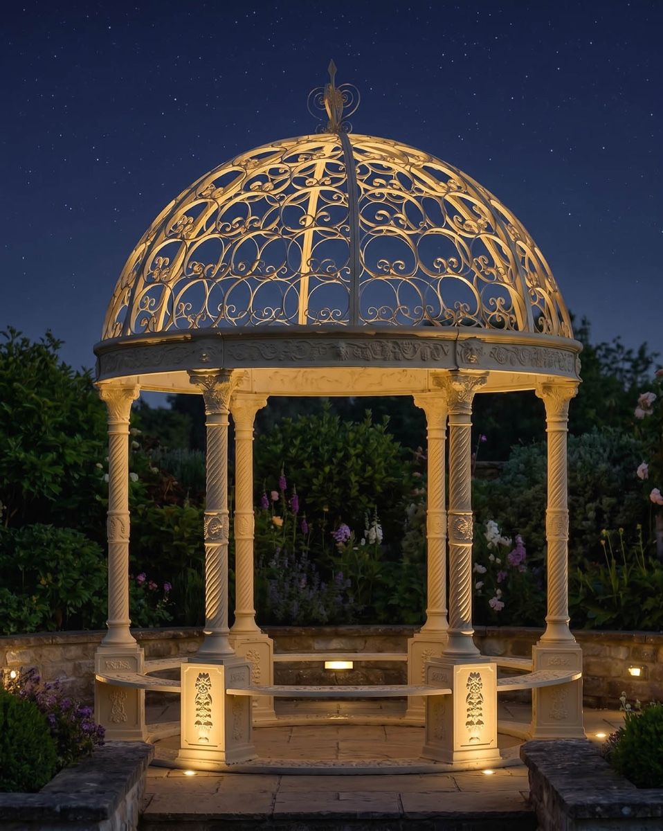 Deluxe Wrought Iron "Aurelia" French Cream Gazebo Digital Illustration At Night