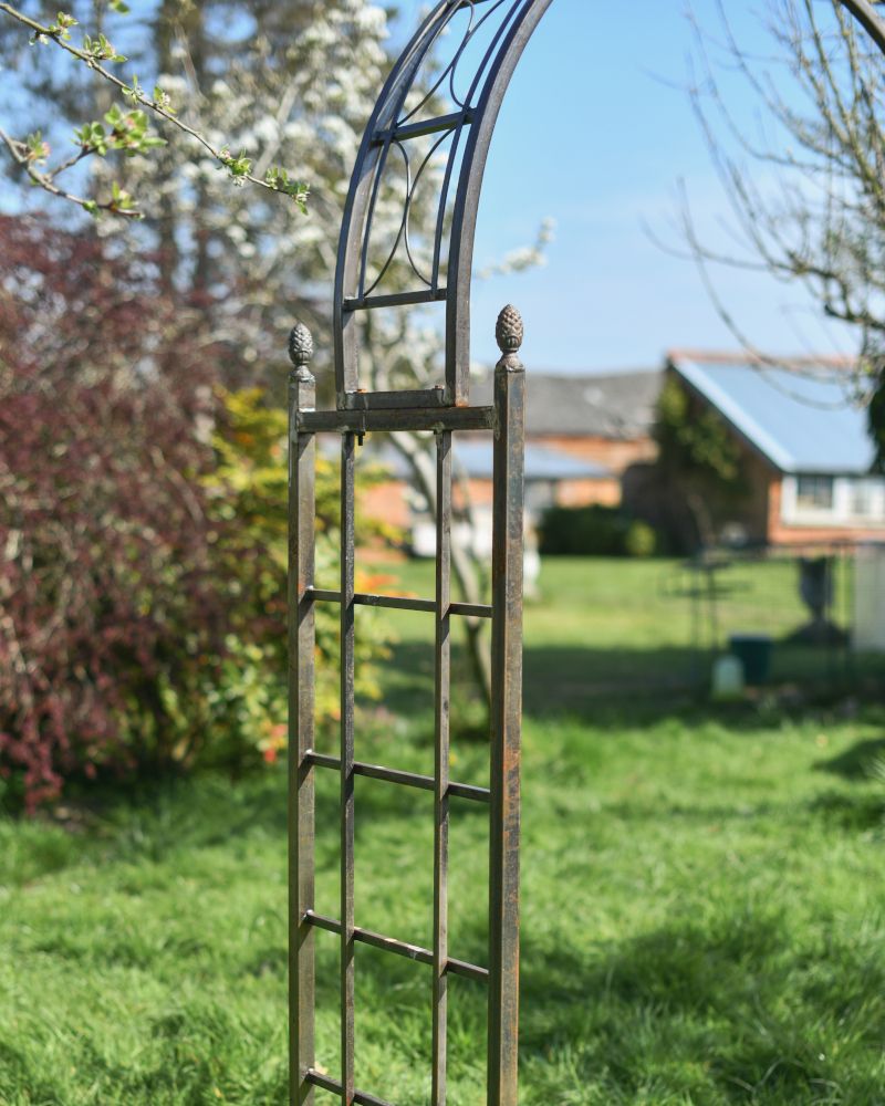 Close-up of the Bolts Connecting the Classic "Pinecrest" Natural Lacquer Rose Arch Together