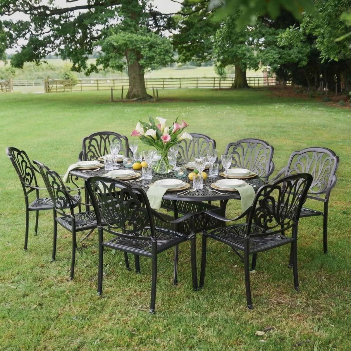 Digital Illustration of the Antique Copper "Moreville" Eight Seater Furniture Set Dressed for Dining