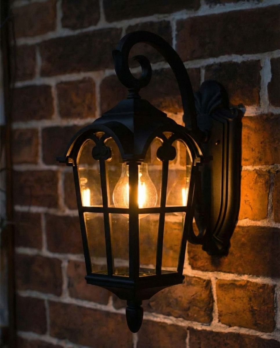 Digital Illustration of the Traditional "Giovanna" Black Top Fix Outdoor Wall Lantern Illuminated at Night