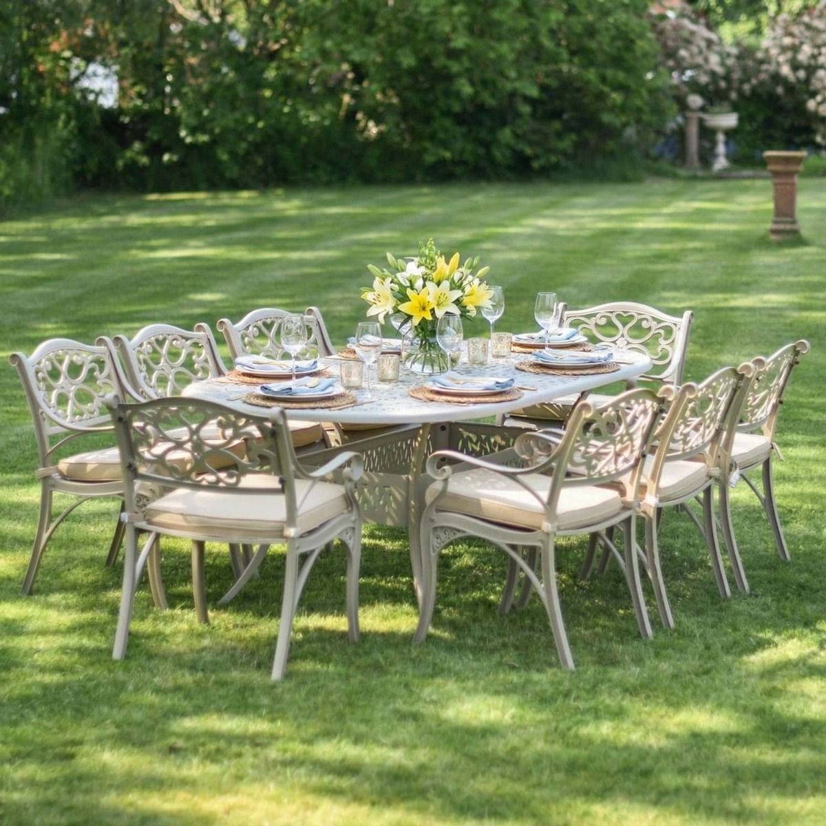 Digital Illustration Antique Champagne "Moreville" Eight Seater Garden Table & Chair Set Dressed for Dining