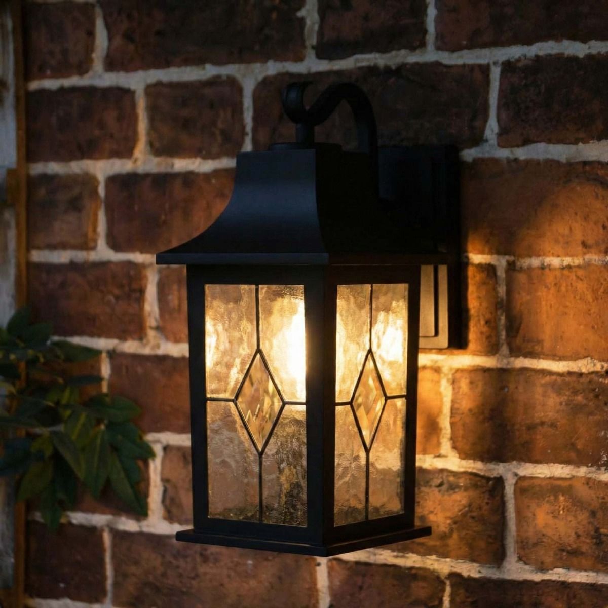 Digital Illustration of the "Newham" Traditional Black Outdoor Rectangular Top Fix Wall Lantern Illuminated at Night