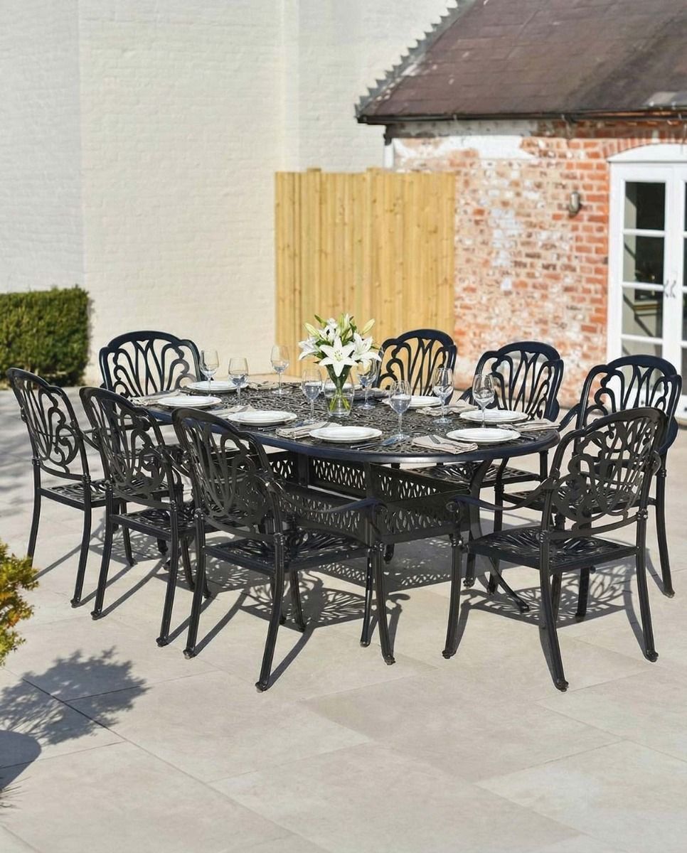 AI Illustration of the Aged Black "Moreville" Eight Seater Furniture Set in Situ Outside on a Patio Dressed for Dining