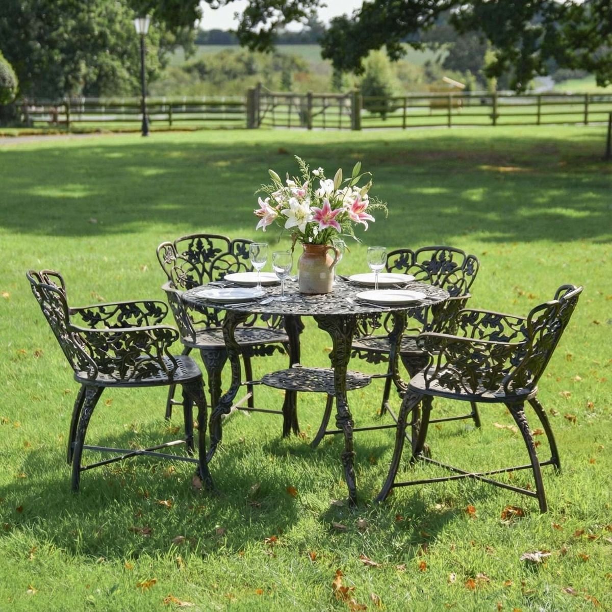 Digital Illustration of the Antique Bronze "Autumn Fall" Four Seater Dining Set Dressed For Dining